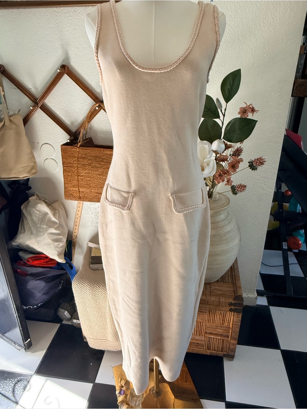 Endless Rose Braided-Trim Sleeveless Knit Dress in Light Beige
